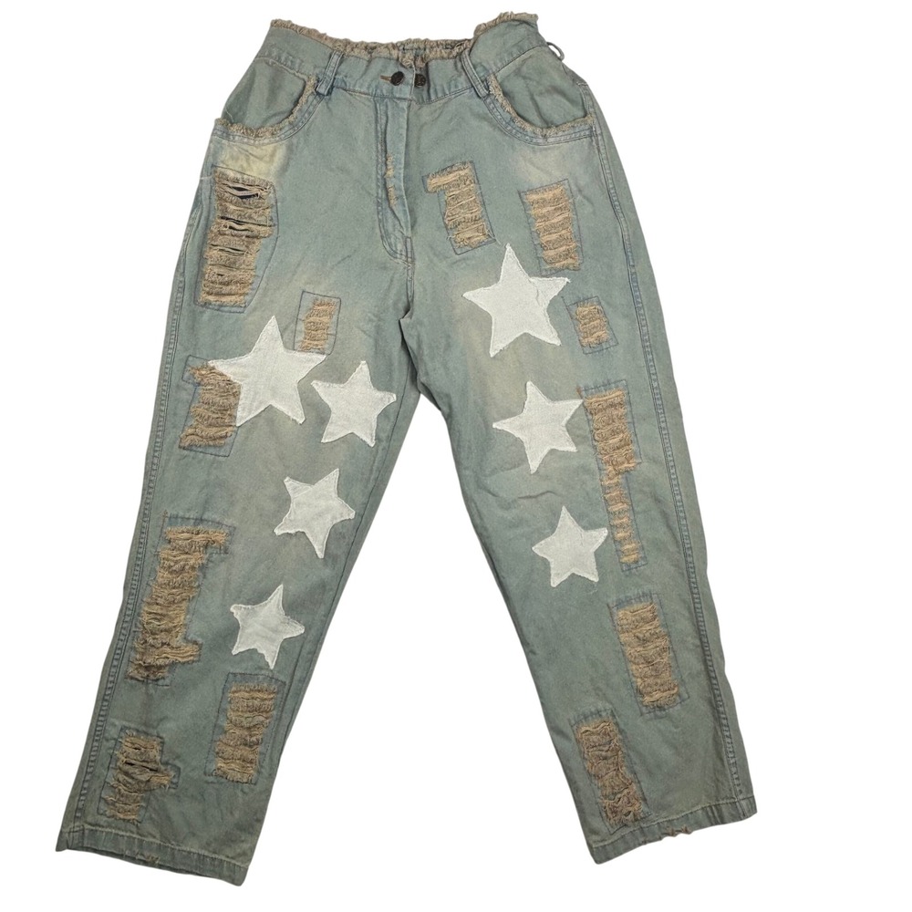 Paper Lace Star Patchwork Distressed Jeans Womens Sz Medium Light Blue Cotton